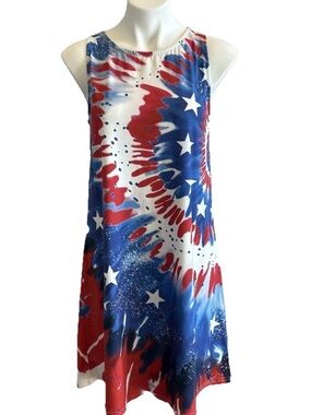 Patriotic 4th Of July Dress Red White Blue SMALL Sleeveless Knee Length Stars